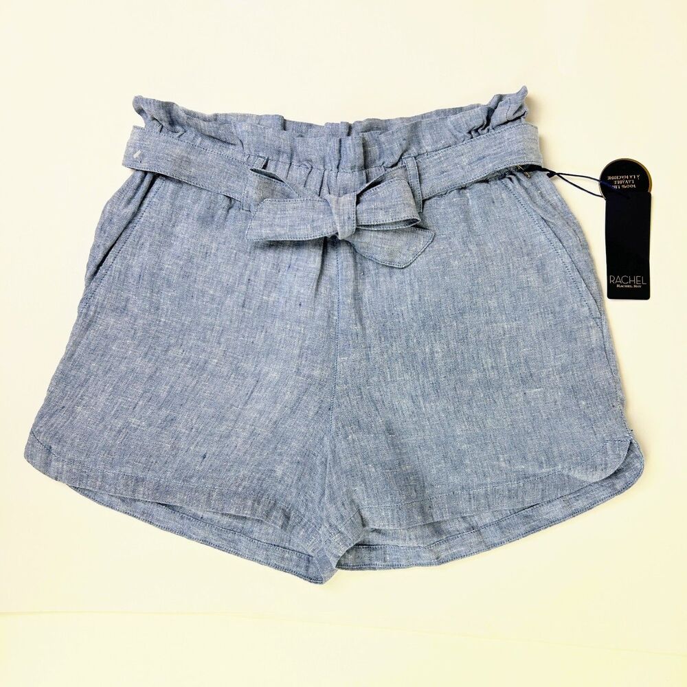 NWT Rachel Roy Chambray 100%  Linen Blue Paper Bag Tie Waist Belt Shorts Sz S